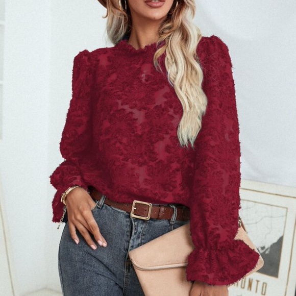 Bellanblue Tops - Red Floral Ruffle Sleeve Blouse Top Work Shabby Chic